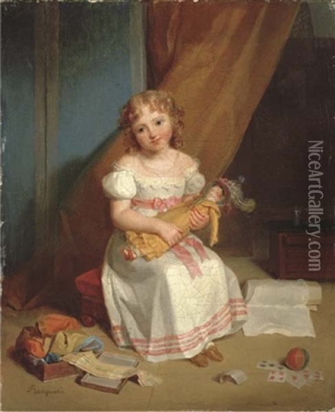 Portrait Of A Young Girl In A Nursery Holding A Doll With Cards, A Ball, And Ribbons Oil Painting - Jean Augustin Franquelin