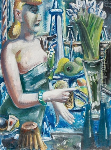Dame An Der Bar Mit Obst Und Blumen Oil Painting - Paul Kleinschmidt