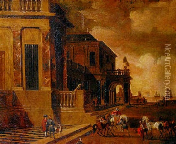 Palastfassade Im Renaissancestil, Im Hintergrund Hochseeschiffe Oil Painting - Jacob Ferdinand Saeys
