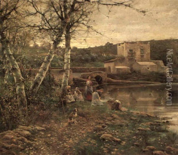 Washerwomen By The Alcala River Oil Painting - Manuel Garcia y Rodriguez