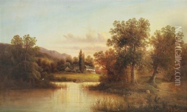 Alpenlandschaft Mit See. Abendstimmung Oil Painting - Frederik L. Splitgerber