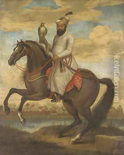 Equestrian portrait of an Indian nobleman Oil Painting - English School