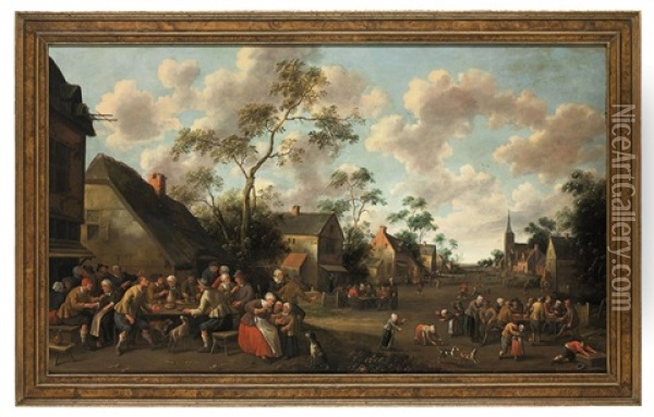 A Village Feast, With A Church And Landscape Beyond Oil Painting - Joost Cornelisz. Droochsloot