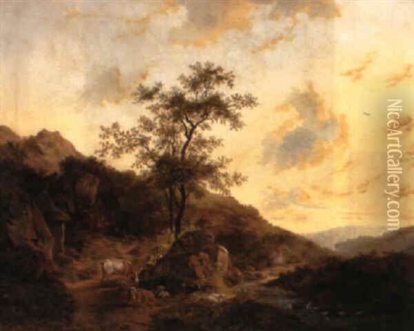 Sudliche Landschaft Mit Ruhendem Hirtenpaar Oil Painting - Johann Wilhelm Schirmer