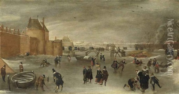 Skaters, Kolf Players And Sledges On A Frozen River Near The St. Janspoort City Gate, With The Kruispoort In The Background And The Pink Mill Beyond, Haarlem Oil Painting - Hendrick Avercamp