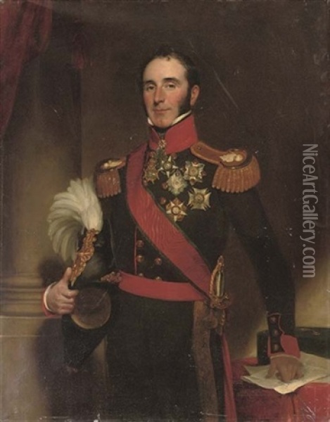 Portrait Of Sir John Conroy, 1st Bt. Standing In The Uniform Of The Royal Artillery, Holding A Plumed Helmet In His Right Hand Oil Painting - Henry William Pickersgill