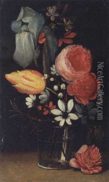 A Still Life With An Iris, Roses, A Tulip And Various Other Flowers Together In A Glass Vase Oil Painting - Jan van den Hecke the Elder