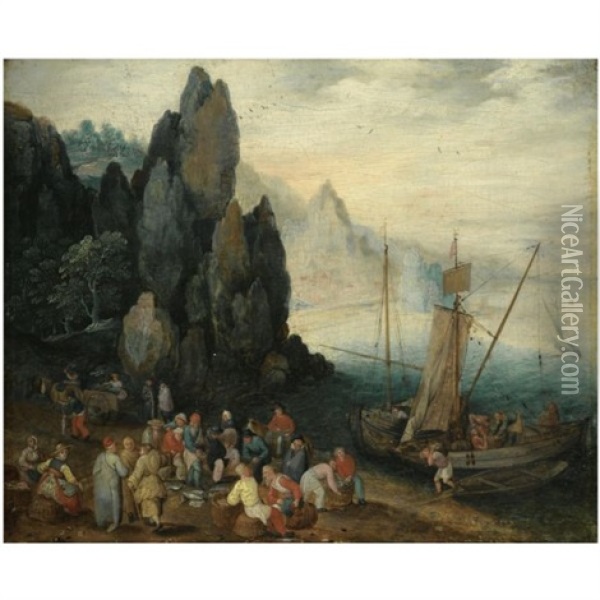 A Rocky Coastal Landscape With Fishermen Unloading Their Catch, Craggy Mountains Beyond Oil Painting - Jan Brueghel the Elder