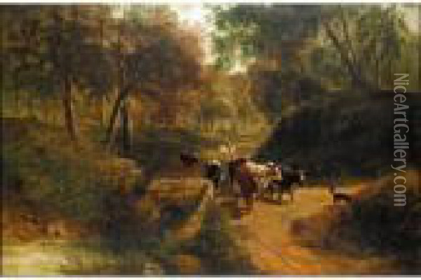 A Drover With Cattle And A Dog Oil Painting - Thomas Creswick