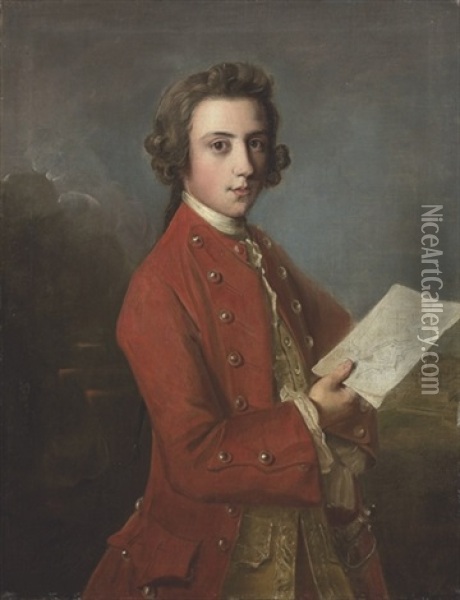 Portrait Of A Boy In A Red Coat, Holding Plans Of Fortifications Oil Painting - Philip Mercier