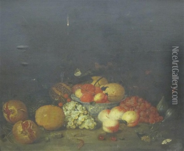 A Still Life Of Pomegranates, Peaches, Grapes And Other Fruit Oil Painting - Abraham Mignon