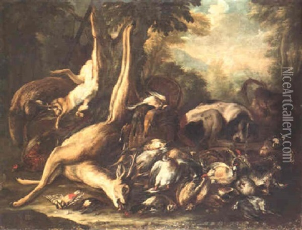 Spaniel Sleeping Amid An Extensive Huntsman's Catch Oil Painting - Baldassare De Caro