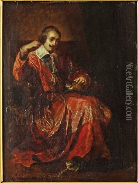 Le Cardinal De Richelieu Caressant Un Petit Chat Oil Painting - Jean Lulves