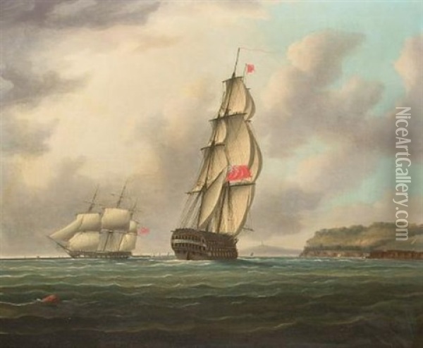 A Large Ship-of-the-line Heading Into Plymouth Sound As An Outward Bound Frigate Is Passing The Breakwater Oil Painting - Thomas Buttersworth