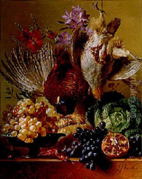 A Pheasant, A Partridge With Grapes, A Cabbage And Fruit And Flowers On A Ledge Oil Painting - Georgius Jacobus Johannes van Os