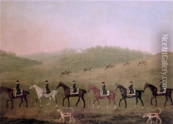 A Hunt With Hounds On A Heath, A Country House Beyond Oil Painting - Richard Roper