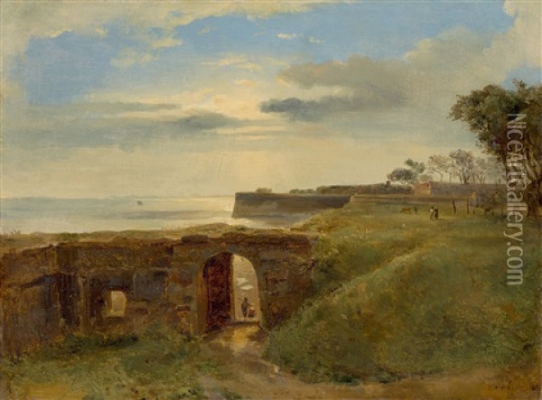 Coastal Landscape With Fortifications Oil Painting - Baron Jean Antoine Theodore Gudin