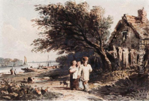 Figures On A Path By The Thames Oil Painting - John Varley