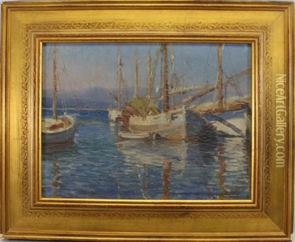 Harbor Scene Painting With Sailboats Oil Painting - Jules Ribeaucourt
