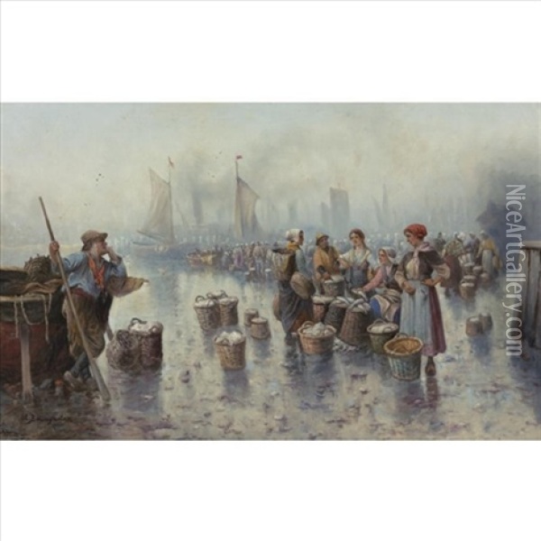 Fishermen In The Harbour Oil Painting - Adolf (Constantin) Baumgartner-Stoiloff