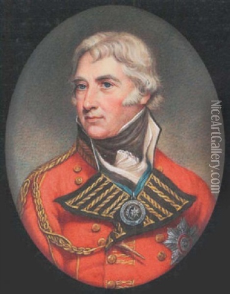 General Sir John Doyle Wearing Scarlet Coat With Gold Aiguilette, Breast Star Of The Gcb And Order Of The Crescent On A Blue Ribbon, Black Stock And White Cravat Oil Painting - John Smart the Younger