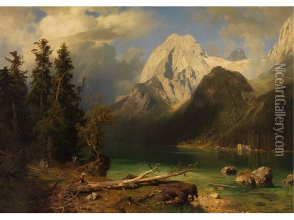 Gebirgssee Mit Gebirgsmassiv Im Hintergrund Oil Painting - August Wilhelm Leu