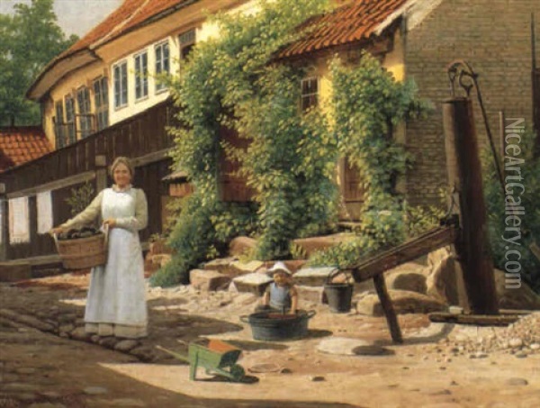 G+rdexteri+r Med Moder Og Legende Barn Oil Painting - Christian Frederic Eckardt