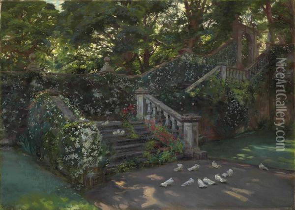 The Golden Hour: The West Staircase To The Upper Terrace At Balcaskie Oil Painting - John Henry Lorimer