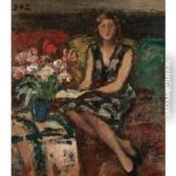 Femme Au Bouquet Des Fleurs Dans L'interieur Oil Painting - Georges dEspagnat