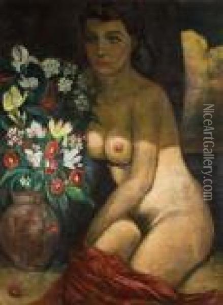 Sitzender Weiblicher Akt Neben Blumenbukett Oil Painting - Philippe Andreevitch Maliavine