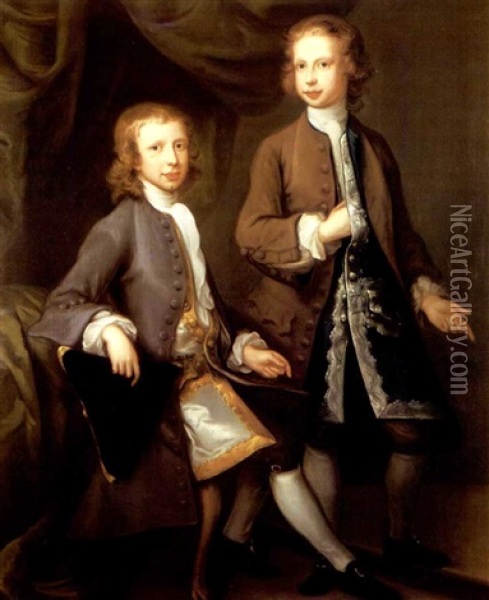 Portrait Of Thomas And George Parker Wearing A Grey And Brown Coat Respectively Oil Painting - William Hoare