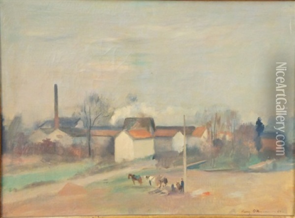 Vue D'un Village Animee De Chevaux Et Personnages Oil Painting - Henri Ottmann