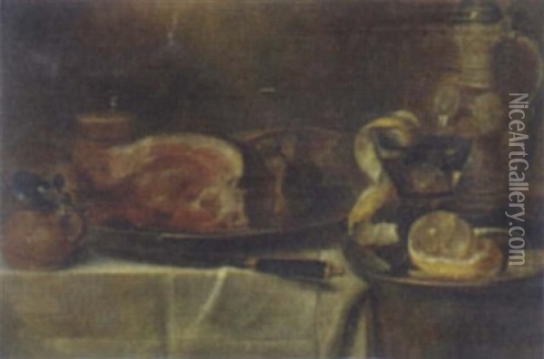 Still Life Of A Ham On A Pewter Plate And Other Objects, All On A Draped Table Oil Painting - Alexander Adriaenssen the Elder