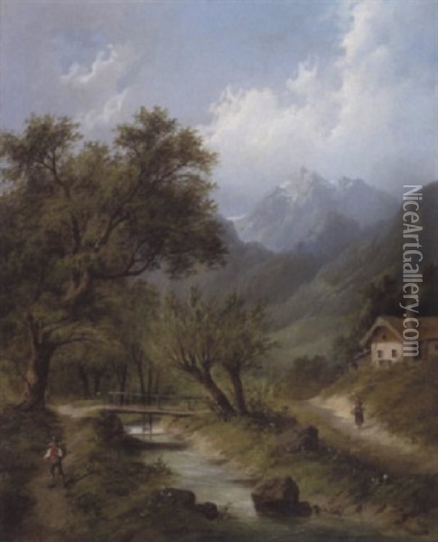 Alpelandskab Med Vandringsmand Pa Ens Ti Oil Painting - Eduard Boehm