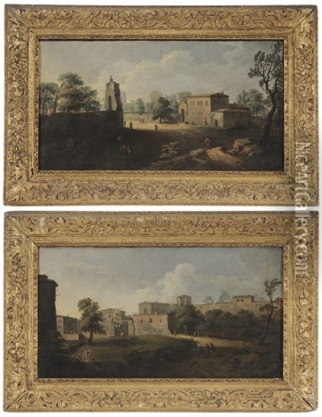 Figures On A Track Outside A Town Gate; Figures On A Track With Gated House (pair) Oil Painting - Hendrick Frans van Lint