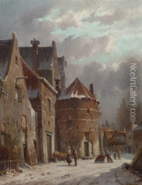 Villagers In A Snow Covered Street Oil Painting - Adrianus Eversen