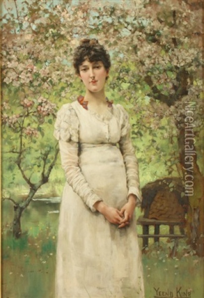 A Young Lady Amongst Apple Blossom Oil Painting - Henry John Yeend King