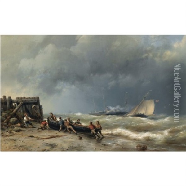 Pulling The Boat Ashore Oil Painting - Hermanus Koekkoek the Elder