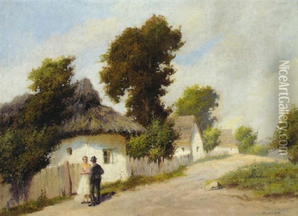 A Couple In A Village Street Oil Painting - Agoston Acs