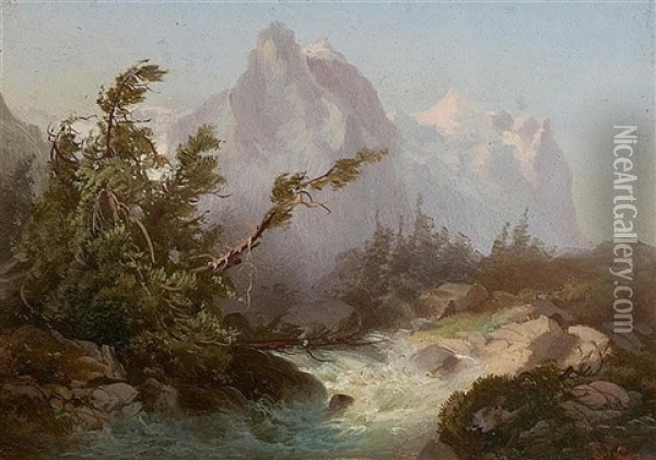 A Study Of An Alpine Landscape Oil Painting - Edward Theodore Compton