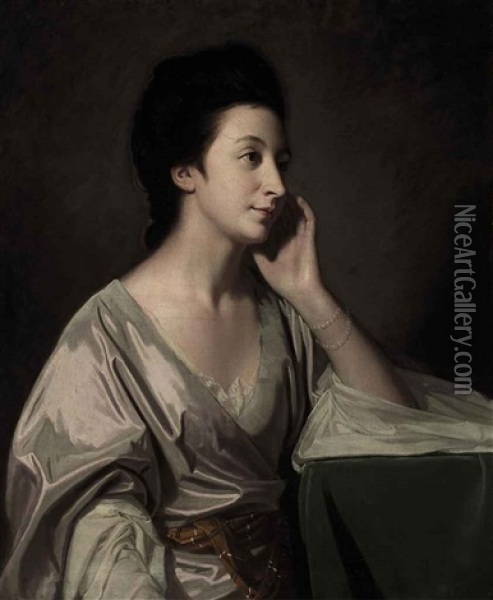 Portrait Of Mrs John Gathorne In A Silver Gown, Her Left Elbow Resting On A Table Oil Painting - George Romney