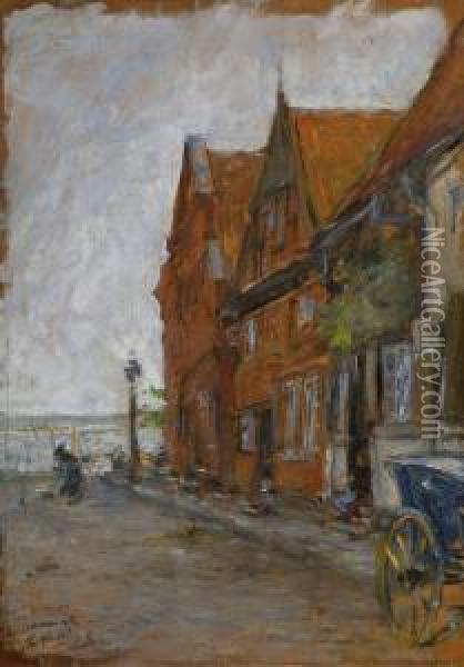 Travemunde - Hauserzeile In Der
 Marktstrase. Oil Painting - Gotthardt Kuehl