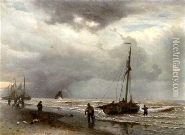 Unloading The Catch Oil Painting - Willem Anthonie van Deventer