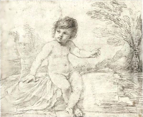 A Child Seated In A Landscape, Pointing To His Left Oil Painting - Giovanni Francesco Barbieri