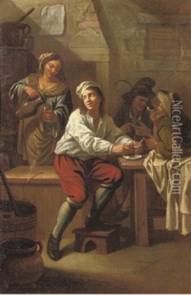 Peasants Drinking And Smoking In An Interior Oil Painting - Jean Baptiste Nollekens