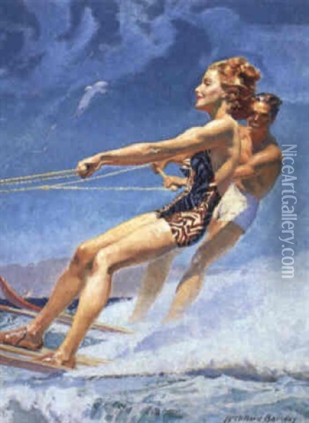 Couple Waterskiing Oil Painting - Mcclelland Barclay