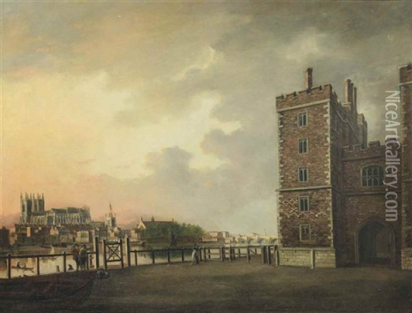 View Of Lambeth Palace By The Thames, Westminster Abbey And Westminster Bridge Beyond Oil Painting - William Marlow