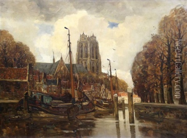 Gezicht Op Nieuwe Haven En Grote Kerk Te Dordrecht Oil Painting - Kees Van Waning