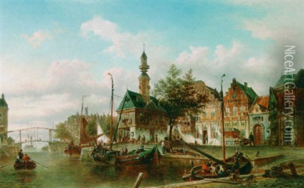 A Canal Scene In Kampen Oil Painting - Elias Pieter van Bommel
