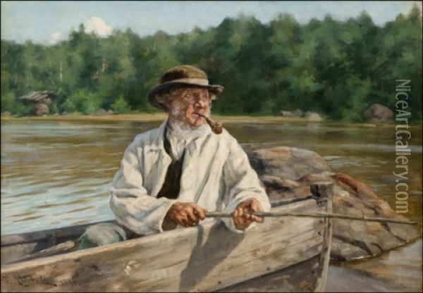 Kalastaja Vesijarvella Oil Painting - Fredrik Ahlstedt